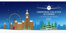 Christmas Journey To London. Vector Flat Illustration. Travel