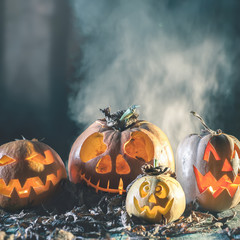 Poster - Halloween pumpkins at wood background. Carved scary faces of pumpkin.