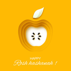 Rosh Hashanah holiday. Origami Greeting card Jewish New Year. Yellow background with apple. Vector design illustration