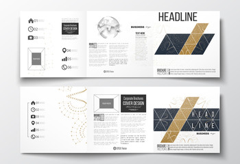 Poster - Set of tri-fold brochures, square design templates. Abstract polygonal low poly backdrop with connecting dots and lines, connection structure. Digital or science vector