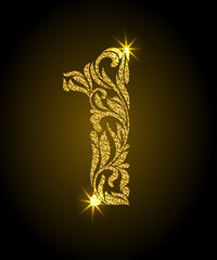 Wall Mural - 1. Decorative Font with swirls and floral elements. Ornate decorated digit one with golden glitter