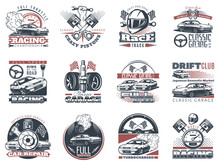 Set Of Car Racing Colored Emblems, Labels And Championship Race Badges