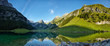 Panoramafoto Seealpsee, mit Rossmad und Säntis, Spiegelungen der Berge im Bergsee