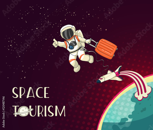 Space tourism cartoon concept. Astronaut tourist with luggage