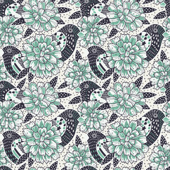 Poster - Seamless floral pattern with birds