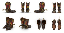 Wild West Leather Cowboy Boots With Spurs Isolated On White 3d Illustration