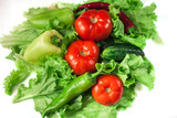 Fototapeta Kuchnia - Fresh organic vegetables. Autumn vegetables. Harvesting. Ingredients for the salad. Lettuce, tomatoes, cucumbers, zucchini, eggplant, peppers, chillies.