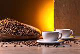 Fototapeta Panele - Cups of black coffee and  beans