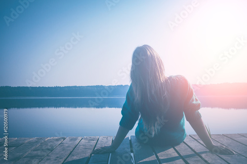 Vintage photo of relaxing woman in nature. Canvas Print