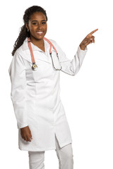 Happy female doctor pointing with her finger - isolated over white background.