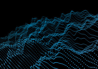 Poster - Abstract 3d rendering of waves with particles on black background. Futuristic background with lines of many low poly spheres. Design for poster, cover, banner, placard