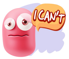 3d Rendering Sad Character Emoticon Expression saying I Can't wi