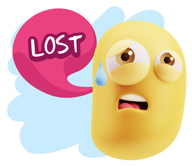 3d Rendering Sad Character Emoticon Expression saying Lost with