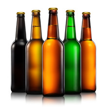 Set Of Beer Bottles With Clipping Path Isolated On Black Background