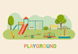 Children playground. Kindergarten playground with swings, slide, toy giraffe, carousel, sandbox. Flat vector illustration