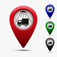 Poster - Colored map pointer with symbol truck wash. For location maps to detect car truck wash. Mark icon. Sign for navigation. Index location on map. Pointer location. Vector isolated illustration.