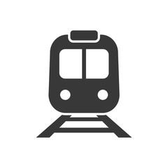 Subway black flat icon. Railway transport. Front view of train or tram sign. Vector isolated object.