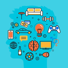 Wall Mural - flat line vector illustration design blue background of men thought process wanted, dream, idea, des