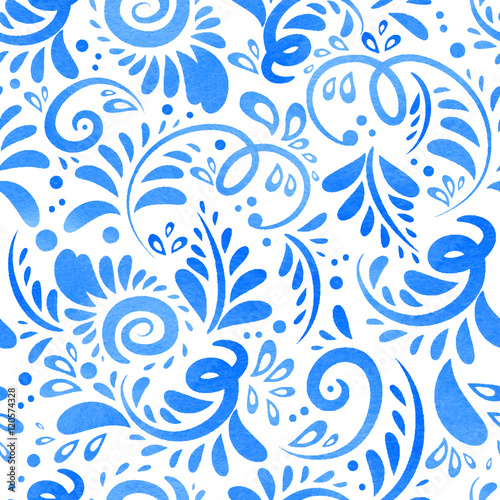 Cotton fabric Russian style vector gzhel seamless pattern. Floral watercolor texture