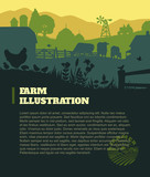 Farm illustration background, colored silhouettes elements, flat