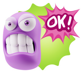 Poster - 3d Illustration Angry Face Emoticon saying OK with Colorful Spee
