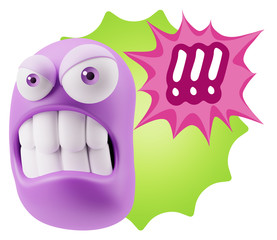 Fototapete - 3d Illustration Angry Face Emoticon saying !!! with Colorful Spe