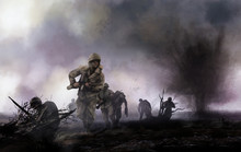American Soldiers On Battlefield. WW2 Illustration Of American Soldiers Platoon Attacking On A Battlefield With Explosions And Mist Background.
