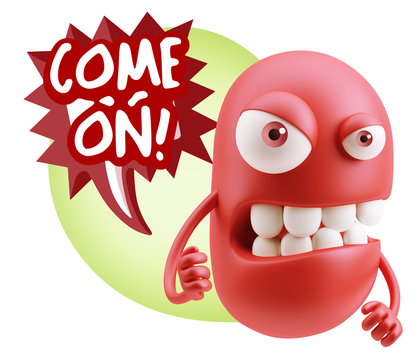 3d Rendering Angry Character Emoji saying Come On with Colorful