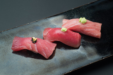 Poster - three styles fatty tuna sushi, akami, chuoro, otoro, with golden