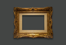 Gold, Wood Art Frame On A Black Background.