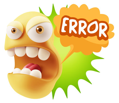 3d Rendering Angry Character Emoji saying Error with Colorful Sp