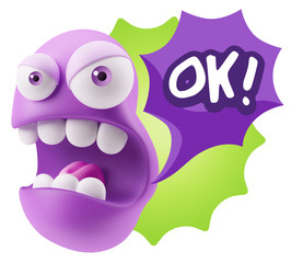 Poster - 3d Rendering Angry Character Emoji saying OK with Colorful Speec