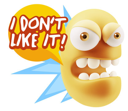 3d Rendering Angry Character Emoji saying I Don`t Like It with C