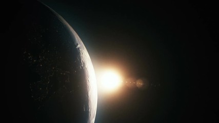 Wall Mural - orange sunrise over earth as seen from space. with stars background.