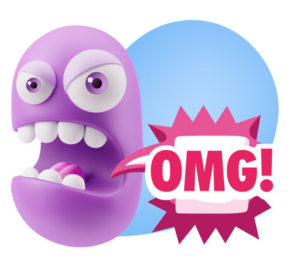 3d Rendering Angry Character Emoji saying OMG with Colorful Spee