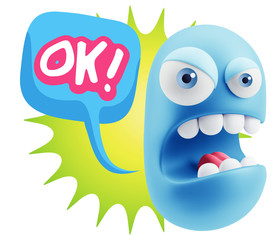 Fototapete - 3d Rendering Angry Character Emoji saying OK with Colorful Speec