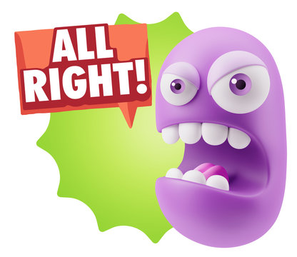 3d Rendering Angry Character Emoji saying All Right with Colorfu