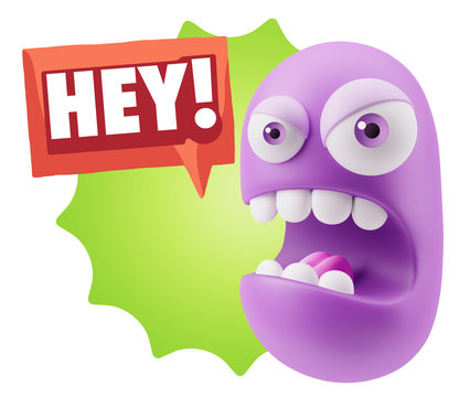 3d Rendering Angry Character Emoji saying Hey with Colorful Spee