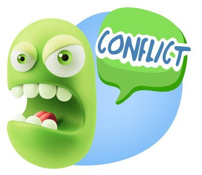 3d Rendering Angry Character Emoji saying Conflict with Colorful