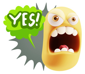 Fototapete - 3d Rendering Angry Character Emoji saying Yes with Colorful Spee