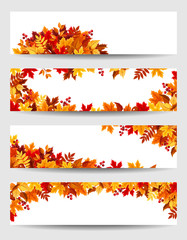 Set of four vector banners with red, orange, brown and yellow autumn leaves.