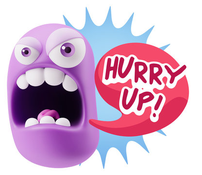 3d Rendering Angry Character Emoji saying Hurry Up with Colorful