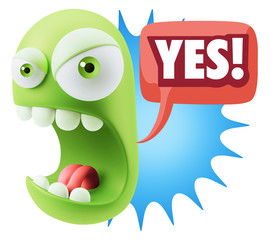 Fototapete - 3d Rendering Angry Character Emoji saying Yes with Colorful Spee