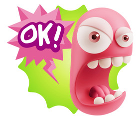 Fototapete - 3d Rendering Angry Character Emoji saying OK with Colorful Speec