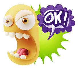 Fototapete - 3d Rendering Angry Character Emoji saying OK with Colorful Speec