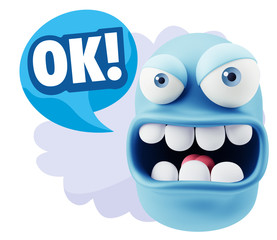 Fototapete - 3d Rendering Angry Character Emoji saying OK with Colorful Speec
