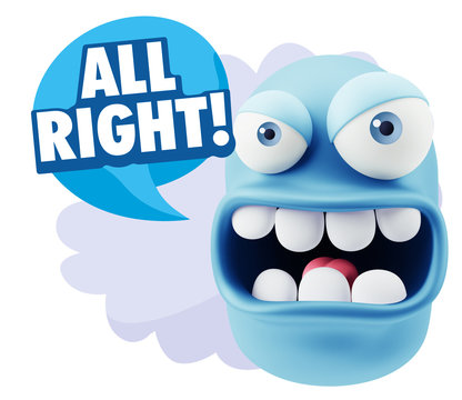 3d Rendering Angry Character Emoji saying All Right with Colorfu