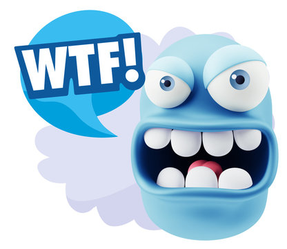 3d Rendering Angry Character Emoji saying WTF with Colorful Spee