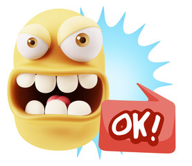 Fototapete - 3d Rendering Angry Character Emoji saying OK with Colorful Speec