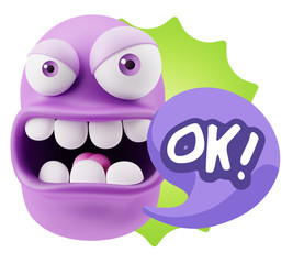 Fototapete - 3d Rendering Angry Character Emoji saying OK with Colorful Speec